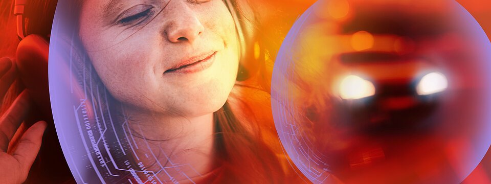 A woman enjoys her favorite music against the backdrop of city lights.